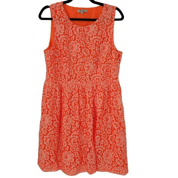 Madewell Neon Orange Sleeveless Overlay Lined Dress Lace Floral Slip Dress - Picture 3 of 8